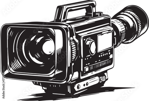 Professional video camera black white stylized illustration filmmaking broadcasting media production vector design