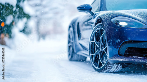 Elegant dark blue sports car showcasing its modern design and bright LED headlight, covered in glistening snow on winter road with falling flakes