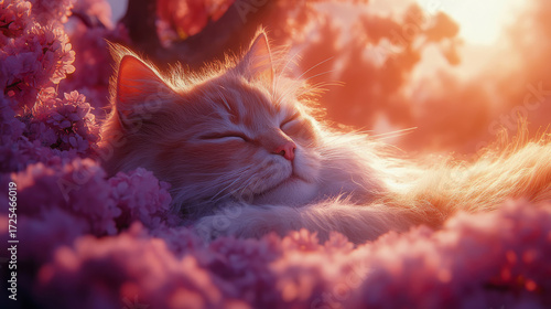 Dreamy close-up of serene orange cat sleeping deeply among lush pink sakura petals under warm, glowing sunset
