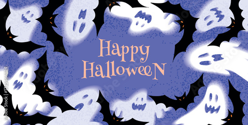 Halloween ghosts and bats around festive greeting text Happy Halloween on purple background. Vector illustration for festive card, banner, poster, social media, web