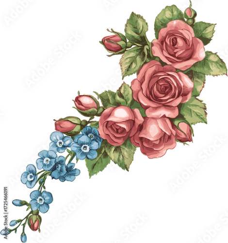Rose and forget-me-not flower arrangement for vintage style decoration, vector illustration