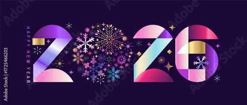 Merry Christmas and Happy New Year 2026 art holiday abstract background template neon gradient  bauhaus design with Gifts, ball toy, snowflake  Modern Xmas flat vector illustration