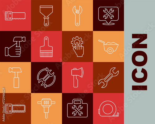Set line Roulette construction, Wrench spanner, Wheelbarrow, Adjustable wrench, Paint brush, Hammer, Hand saw and Settings the hand icon. Vector