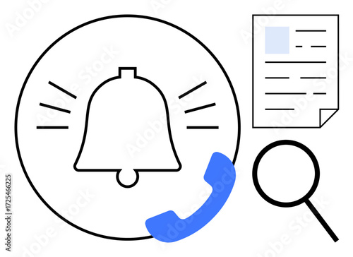 Bell with ringing lines, document icon, magnifying glass for search, blue phone symbol. Ideal for communication, search, notifications, alert management, task prioritization productivity simple