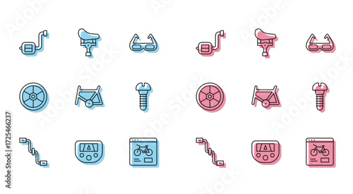 Set line Bicycle pedals, Gps device with map, rental mobile app, frame, Metallic screw, wheel and seat icon. Vector