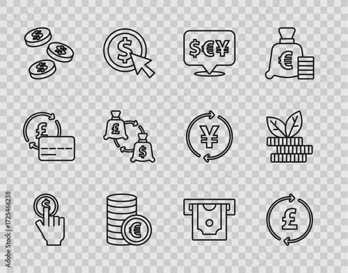 Set line Hand holding coin, Coin money with pound, Currency exchange, euro symbol, dollar, ATM and Dollar plant icon. Vector