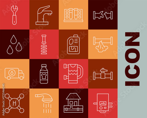 Set line Gas boiler, Industry pipe and valve, Broken, Test tube with water drop, Toilet brush, Water, Wrench spanner and Drain cleaner bottle icon. Vector