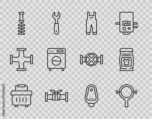 Set line Toolbox, Filter wrench, Work overalls, Industry metallic pipe, Toilet brush, Washer, urinal pissoir and Laundry detergent icon. Vector
