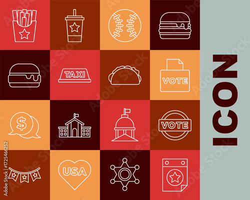 Set line Calendar with date July 4, Vote, box, Baseball ball, Taxi car roof, Burger, Potatoes french fries in and Taco tortilla icon. Vector