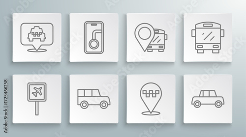 Set line Airport, City map navigation, Car, Location with taxi, bus, Bus and icon. Vector