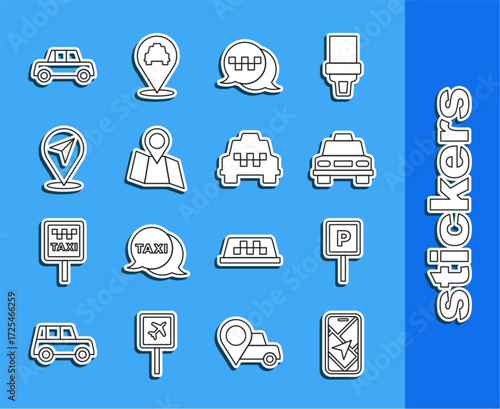 Set line City map navigation, Parking, Taxi car, call telephone service, Folded with location, Location, Car and icon. Vector