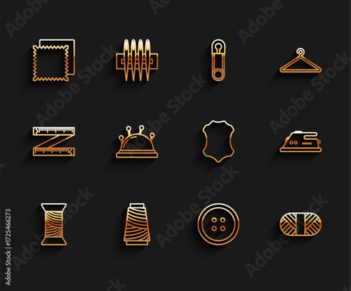 Set line Sewing thread on spool, Textile fabric roll, button for clothes, Needle bed and needles, Electric iron and Leather icon. Vector