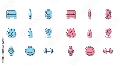 Set line Smart watch, Fitness ball, Big bed, Dumbbell, Essential oil bottle, Bodybuilder muscle, Avocado fruit and Smartwatch icon. Vector