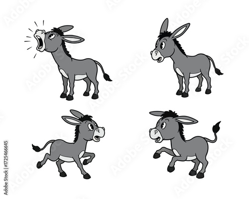 Four cartoon donkeys in different poses and expressions showcasing their playful and vocal nature on a white background