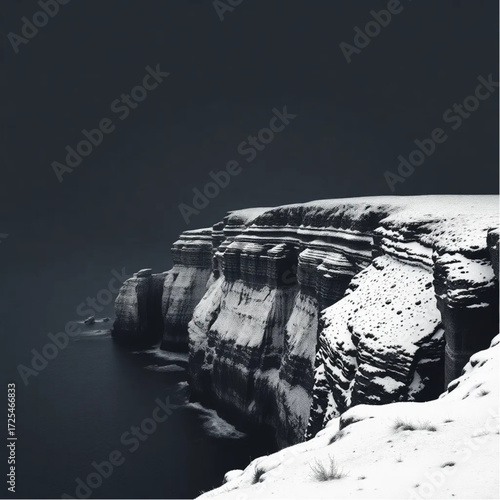 A surreal depiction of Cliffs of Moher during midnight in autumn, under snow-covered conditions, capturing unique natural textures and atmospheric mood.