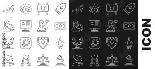 Set line Female rights, Money growth woman, Feminist activist, Dating app, Women from different countries, Woman shoe and Love yourself icon. Vector
