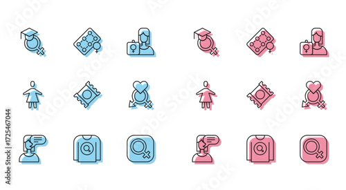 Set line Female opinion, Feminist shirt, Teacher, gender, Condom package, Gender, and Packaging of birth control pills icon. Vector