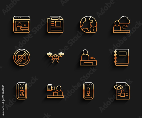 Set line Information, Breaking news, Mobile recording, Journalistic investigation, Drone, Notebook and Television report icon. Vector