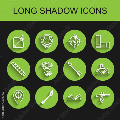 Set line Hunt place, Flame arrow, Bow and fire, Trap hunting, Gun shooting, on deer with crosshairs, and Hipster icon. Vector