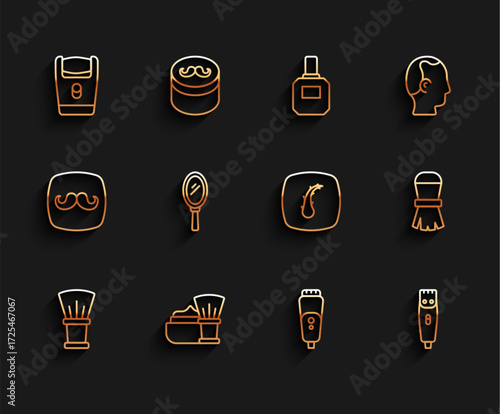 Set line Shaving brush, with foam, Electric razor blade, Hair clipper, Hand mirror, and Human hair follicle icon. Vector