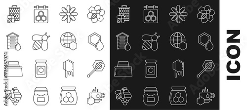 Set line Cup of tea with honey, Honey dipper stick, Honeycomb, Flower, Bee, Hive for bees, and honeycomb and map the world icon. Vector