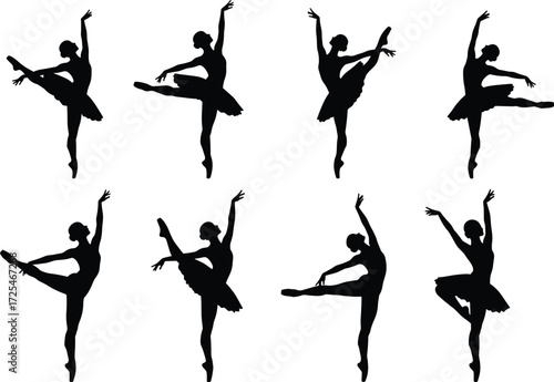Ballet dancer silhouette set, elegant pose, black design, classical dance icon, tutu figure, graceful motion, vector art, stage performance, artistic theme