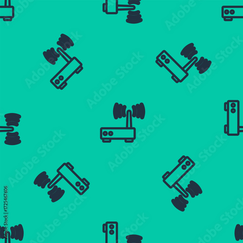 Blue line Router and wi-fi signal icon isolated seamless pattern on green background. Wireless ethernet modem router. Computer technology internet. Vector