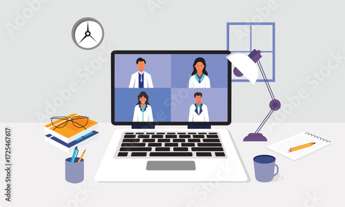 Video meeting on laptop screen. Remote communication, online conference, and virtual course concept. People communicating on video chat Teamwork