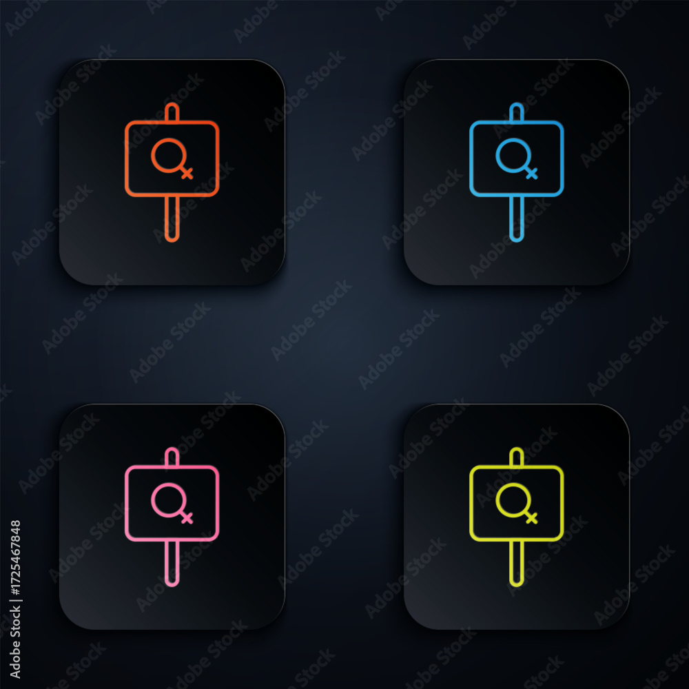 Fototapeta premium Color neon line Female movement, feminist activist with banner and placards icon isolated on black background. Feminist rights movement, feminism sisterhood. Set icons in square buttons. Vector