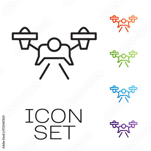 Black line Drone flying icon isolated on white background. Quadrocopter with video and photo camera symbol. Set icons colorful. Vector