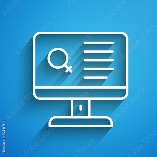 White line Dating app online laptop concept icon isolated on blue background. Female male profile flat design. Couple match for relationship. Long shadow. Vector
