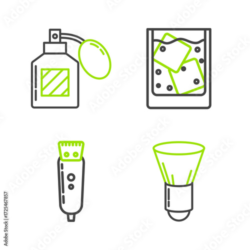 Set line Shaving brush, Electrical hair clipper or shaver, Glass of whiskey and ice cubes and Aftershave icon. Vector