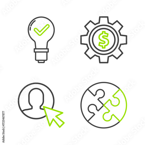 Set line Piece of puzzle, User man in business suit, Gear with dollar symbol and Light bulb and check mark icon. Vector