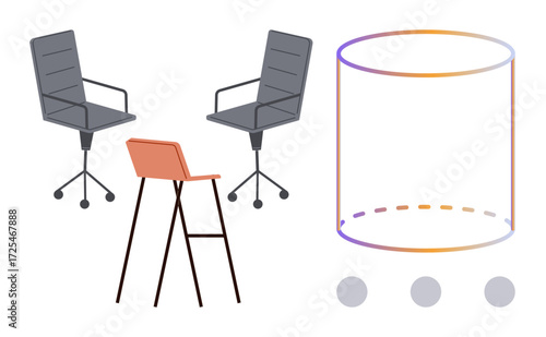 Two swivel office chairs, a modern high stool, abstract gradient cylinder, and three dots. Ideal for office design, brainstorming, innovation, teamwork, creativity business concepts simple flat