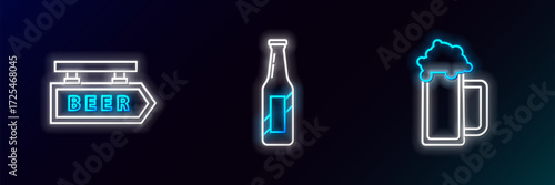Set line Glass of beer, Street signboard with inscription Beer and bottle icon. Glowing neon. Vector