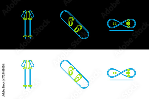 Set line Skateboard trick, Ski poles and Snowboard icon. Vector