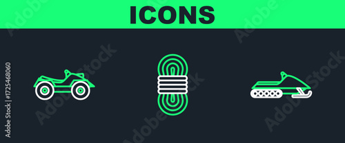 Set line Snowmobile, All Terrain Vehicle or ATV motorcycle and Climber rope icon. Vector