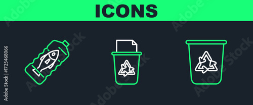 Set line Recycle bin with recycle symbol, Stop ocean plastic pollution and icon. Vector