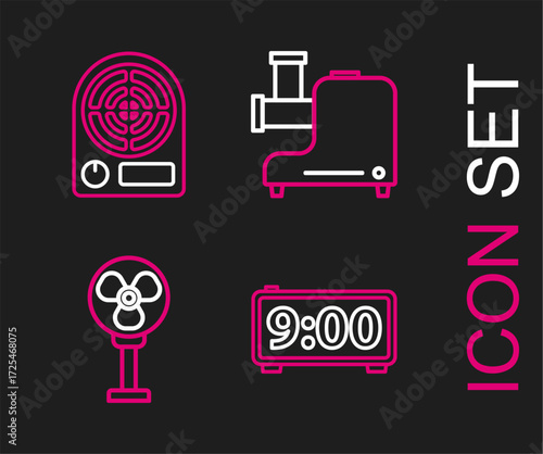 Set line Digital alarm clock, Electric fan, Kitchen meat grinder and heater icon. Vector