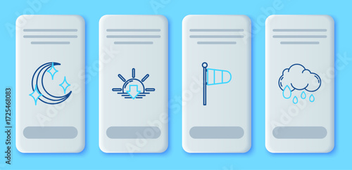 Set line Sunset, Cone meteorology windsock wind vane, Moon and stars and Cloud with rain icon. Vector