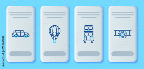 Set line Hot air balloon, Double decker bus, Hatchback car and Old retro vintage plane icon. Vector
