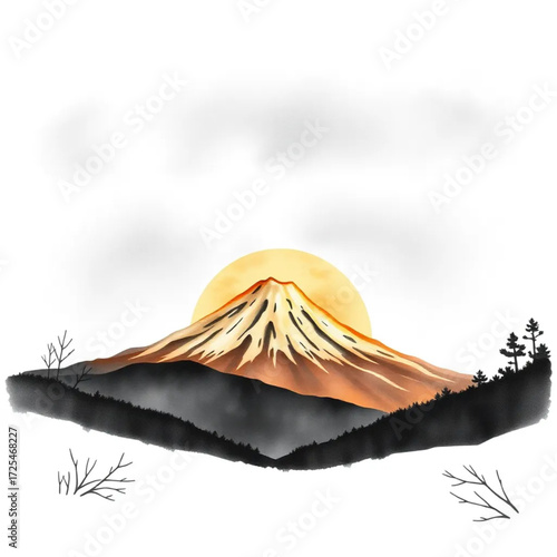 A watercolor painting depiction of Mount Fuji during golden hour in winter, under stormy conditions, capturing unique natural textures and atmospheric mood.