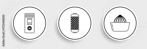Set line Citrus fruit juicer, Remote control and Stereo speaker icon. Vector