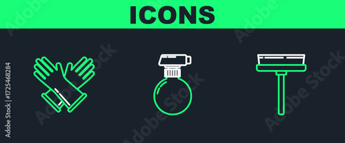 Set line Squeegee, scraper, wiper, Rubber gloves and icon. Vector