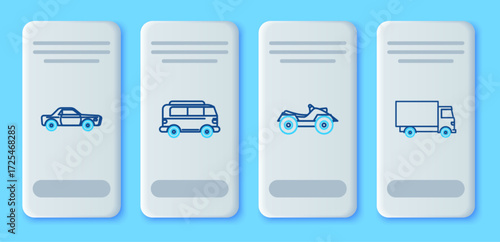 Set line Retro minivan, All Terrain Vehicle or ATV motorcycle, Sedan car and Delivery cargo truck vehicle icon. Vector