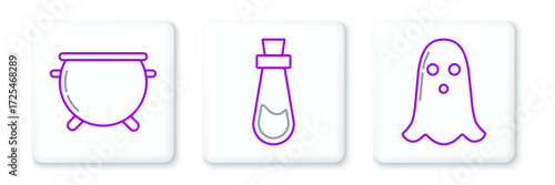 Set line Ghost, Halloween witch cauldron and Bottle with potion icon. Vector