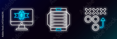 Set line Planning strategy concept, American football tv program and field icon. Glowing neon. Vector