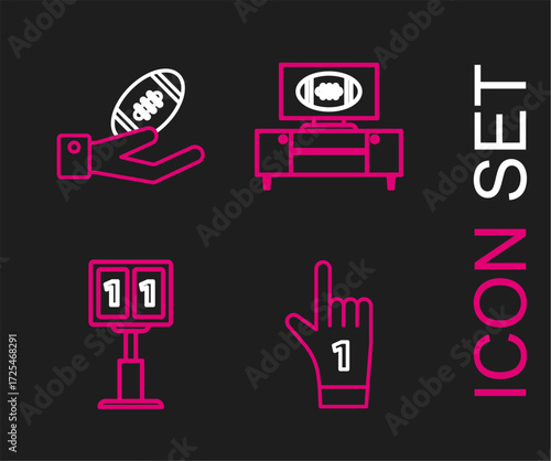 Set line Number 1 one fan hand glove with finger raised, Sport football mechanical scoreboard result display, American tv program stand and Football icon. Vector