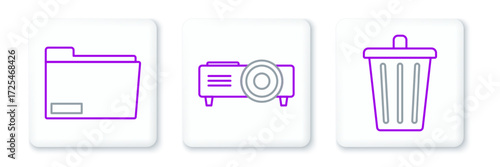 Set line Trash can, Document folder and Presentation, movie, film, media projector icon. Vector