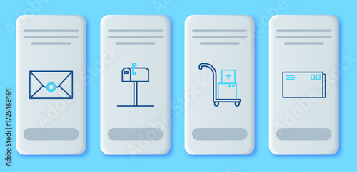 Set line Open mail box, Hand truck and boxes, Envelope and icon. Vector